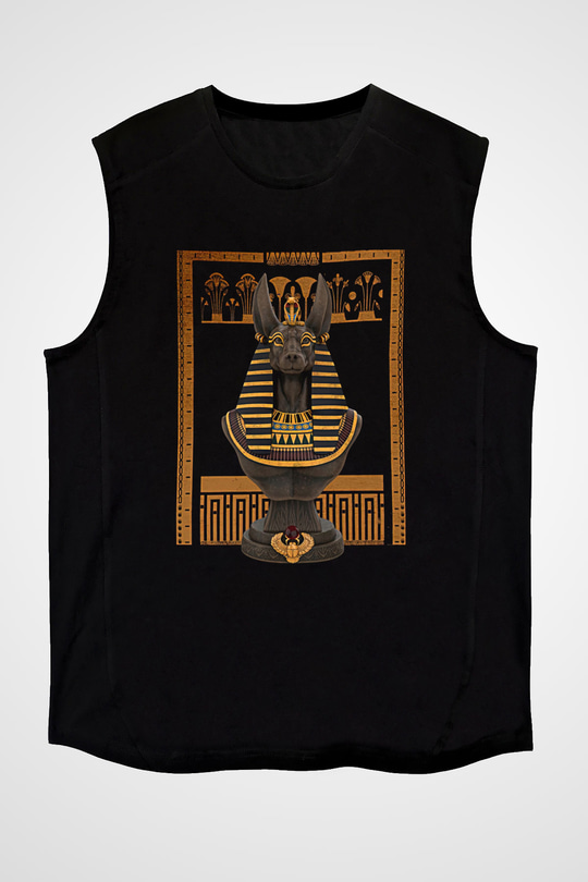 Anubis Baskılı Unisex Siyah Kolsuz Tişört - Tshirt