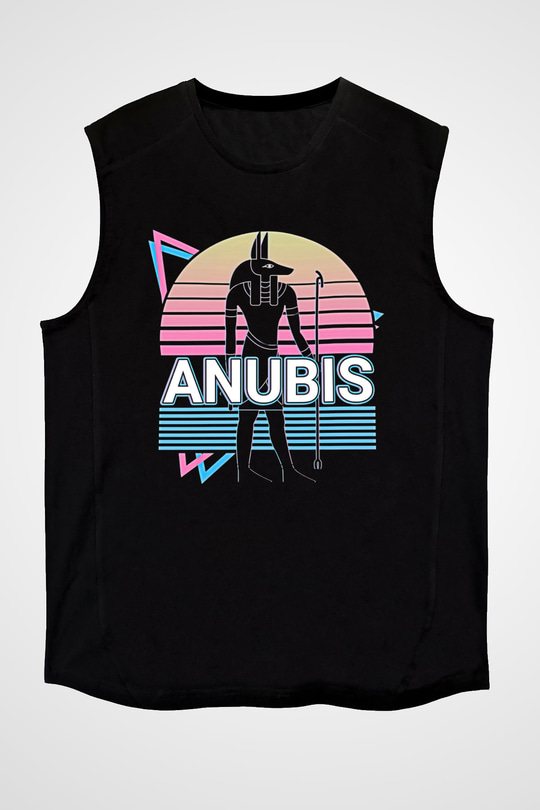Anubis Baskılı Unisex Siyah Kolsuz Tişört - Tshirt