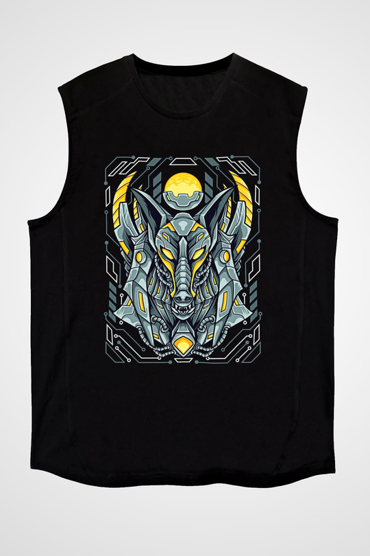 Anubis Baskılı Unisex Siyah Kolsuz Tişört - Tshirt