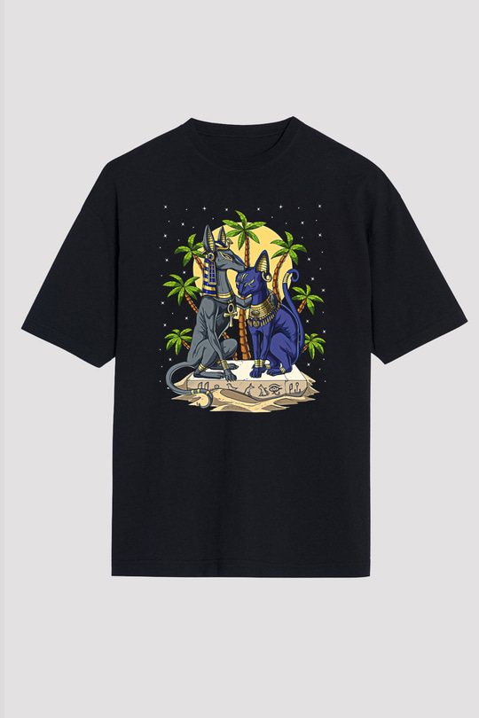 Anubis Baskılı Unisex Siyah Oversize Tişört - Tshirt