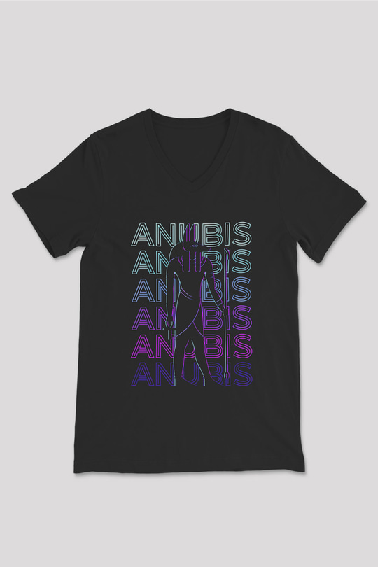 Anubis Baskılı Unisex Siyah V Yaka Tişört - Tshirt