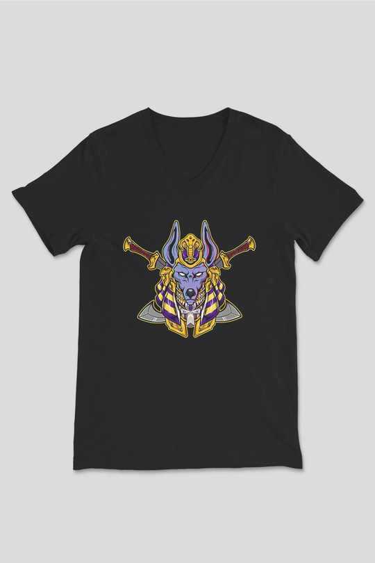 Anubis Baskılı Unisex Siyah V Yaka Tişört - Tshirt