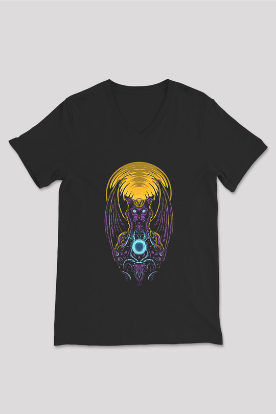 Anubis Baskılı Unisex Siyah V Yaka Tişört - Tshirt