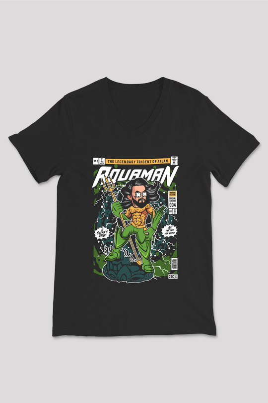 Aquaman Baskılı Unisex Siyah V Yaka Tişört