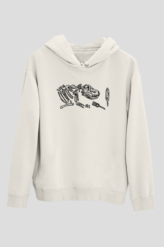 Arkeoloji Dinazor Baskılı Unisex Beyaz Hoodie