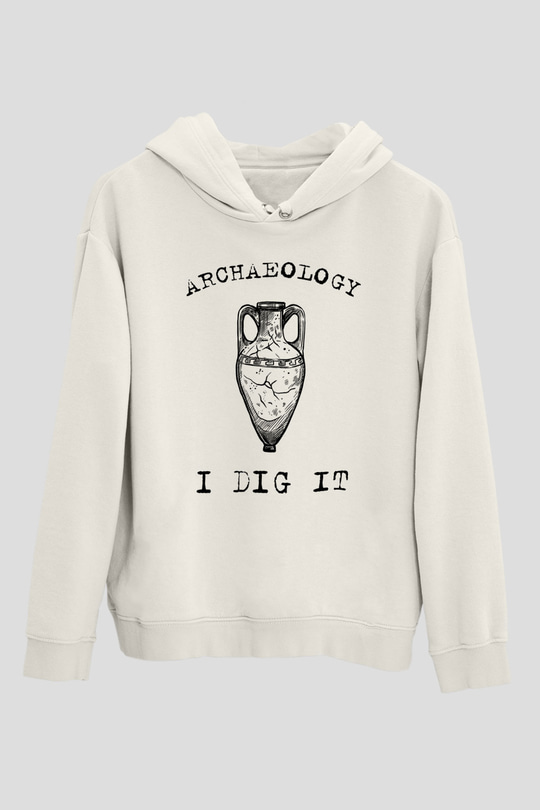 Arkeoloji Kazı Baskılı Unisex Beyaz Hoodie