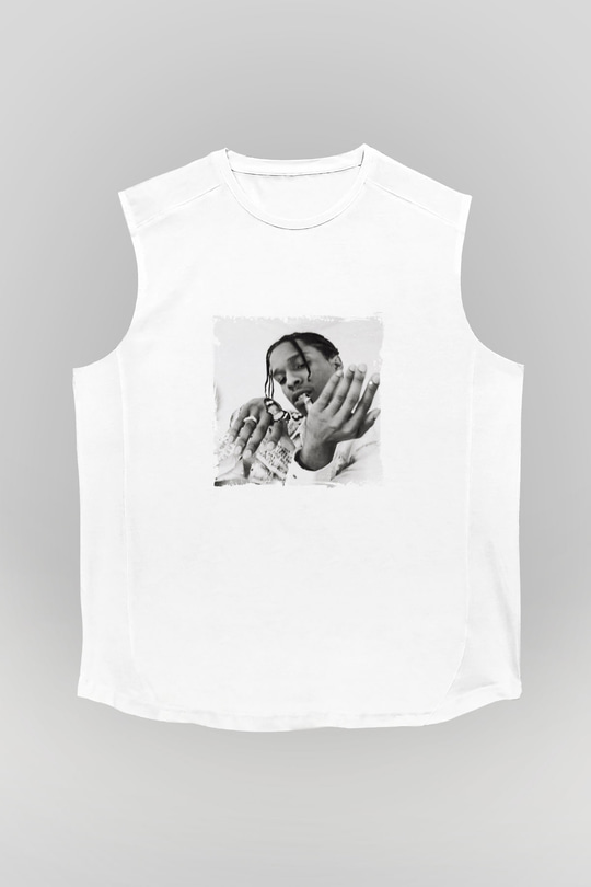 ASAP Mob Baskılı Unisex Beyaz Kolsuz Tişört