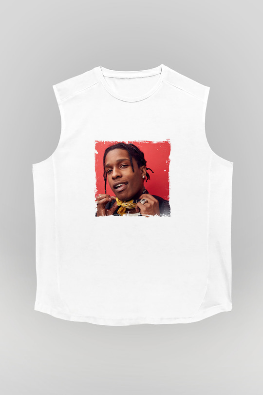 ASAP Rocky Baskılı Unisex Beyaz Kolsuz Tişört