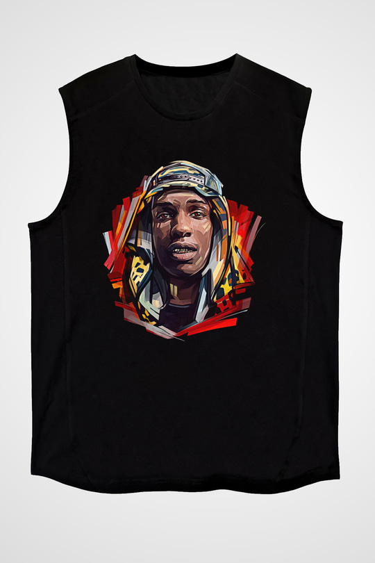 Asap Rocky Baskılı Unisex Siyah Kolsuz Tişört - Tshirt