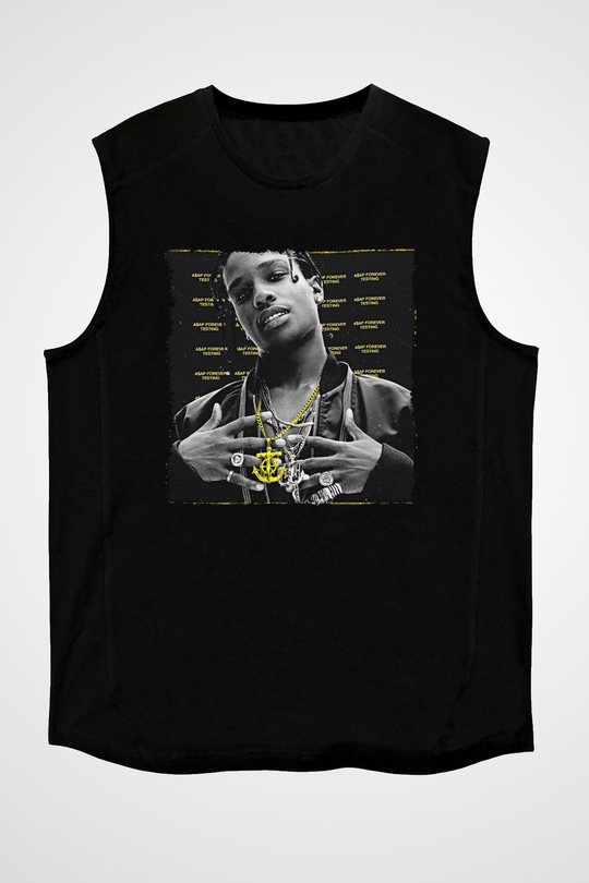 Asap Rocky Baskılı Unisex Siyah Kolsuz Tişört - Tshirt