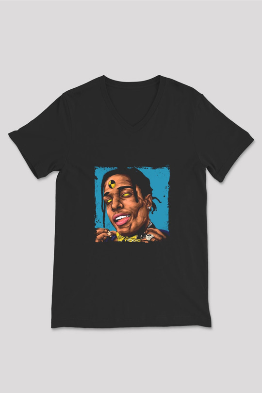 ASAP Rocky Baskılı Unisex Siyah V Yaka Tişört