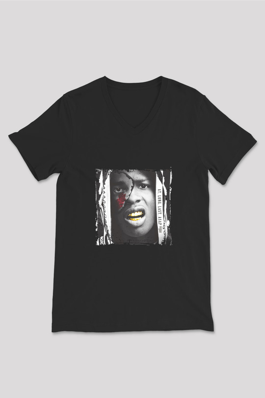ASAP Rocky Baskılı Unisex Siyah V Yaka Tişört