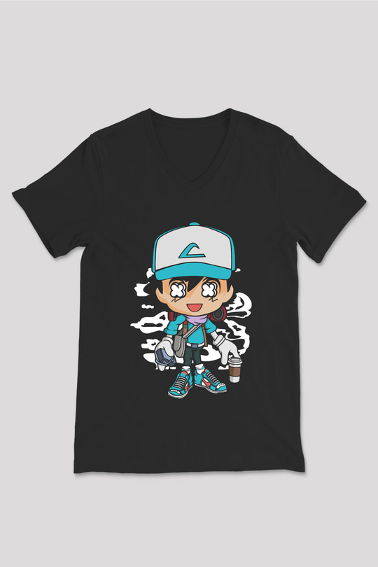 Ash Street Style Baskılı Unisex Siyah V Yaka Tişört