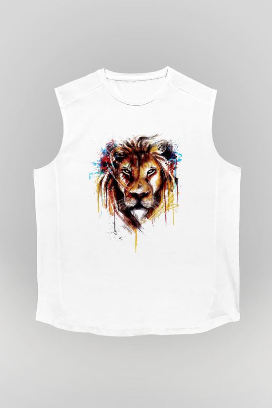 Aslan Baskılı Unisex Beyaz  Kolsuz Tişört