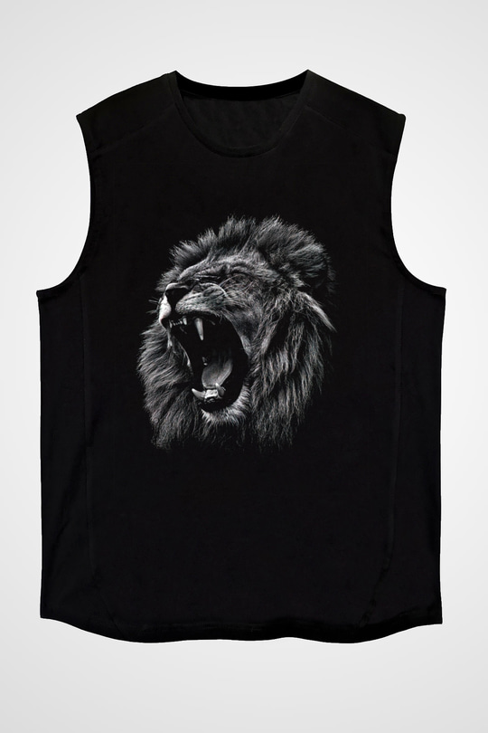 Aslan Baskılı Unisex Siyah  Kolsuz Tişört