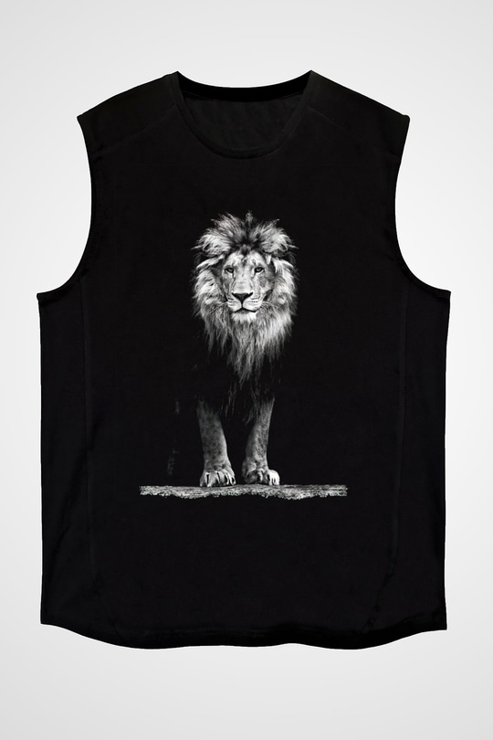 Aslan Baskılı Unisex Siyah  Kolsuz Tişört
