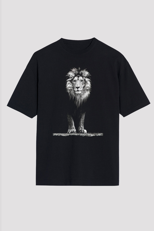 Aslan Baskılı Unisex Siyah Tişört