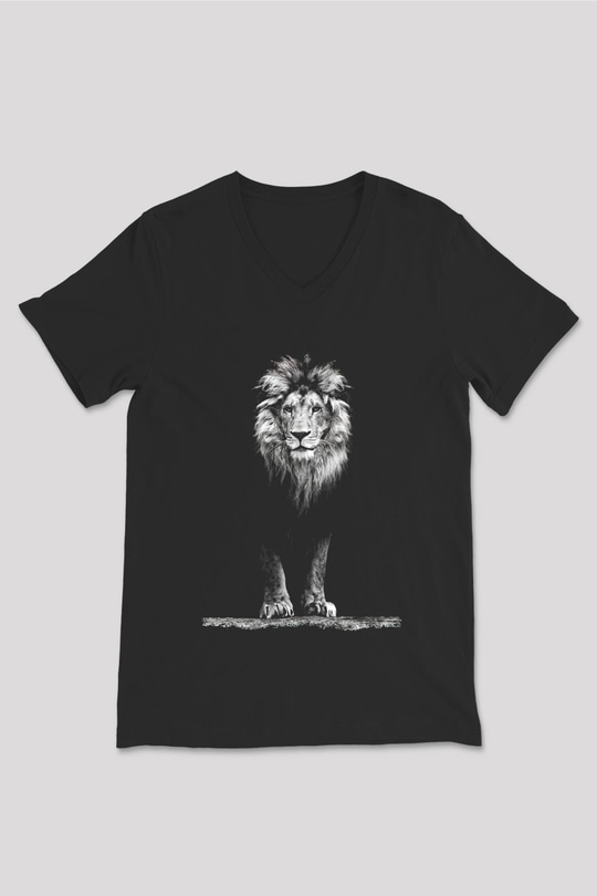 Aslan Baskılı Unisex Siyah  V Yaka Tişört