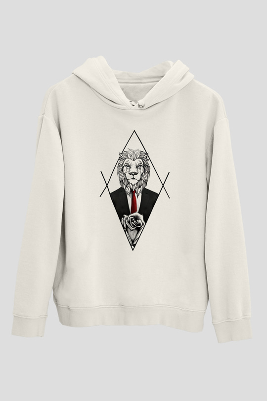 Aslan Beyaz Unisex Kapşonlu Sweatshirt