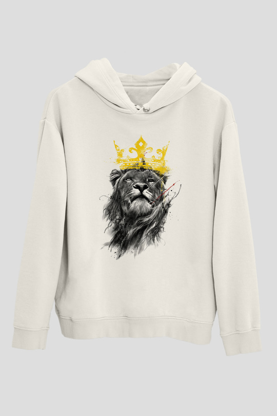 Aslan Beyaz Unisex Kapşonlu Sweatshirt
