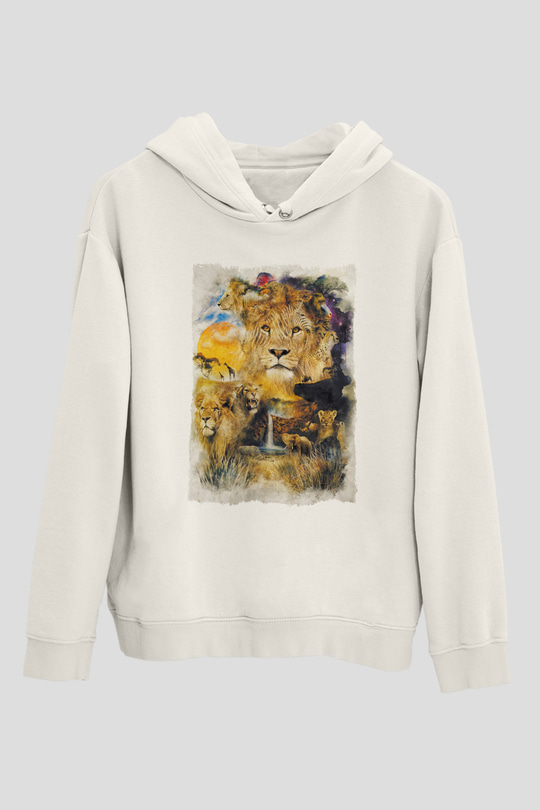 Aslan Beyaz Unisex Kapüşonlu Sweatshirt