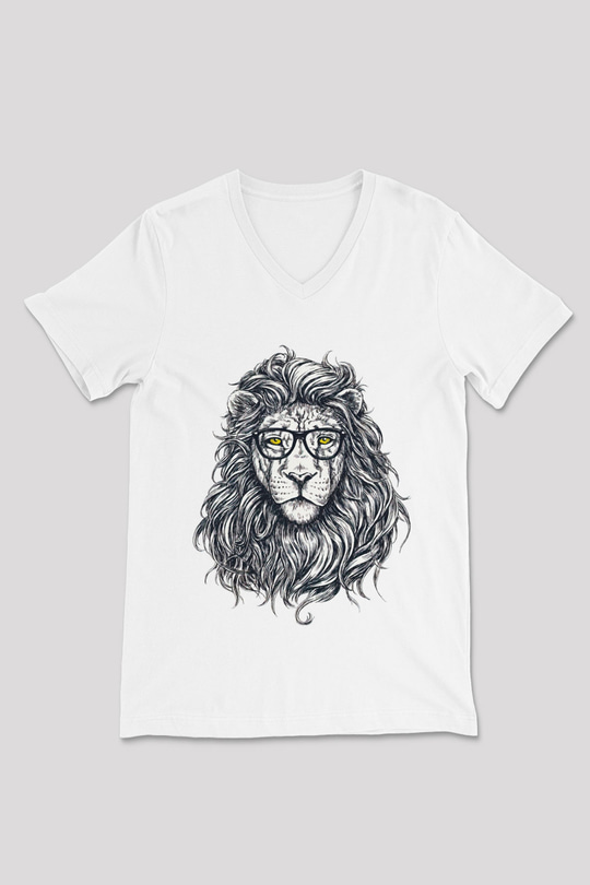 Aslan Beyaz Unisex V Yaka Tişört T-Shirt