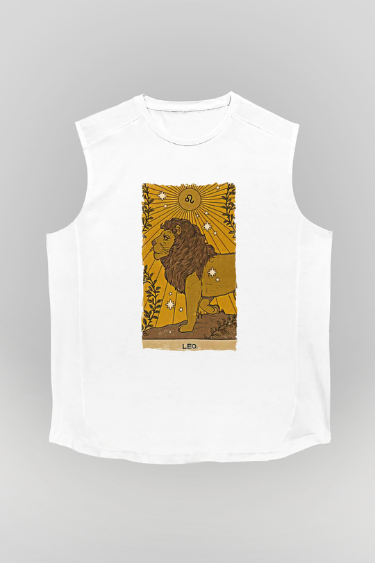 Aslan Burcu Baskılı Beyaz Unisex Kolsuz Tişört - Tshirt