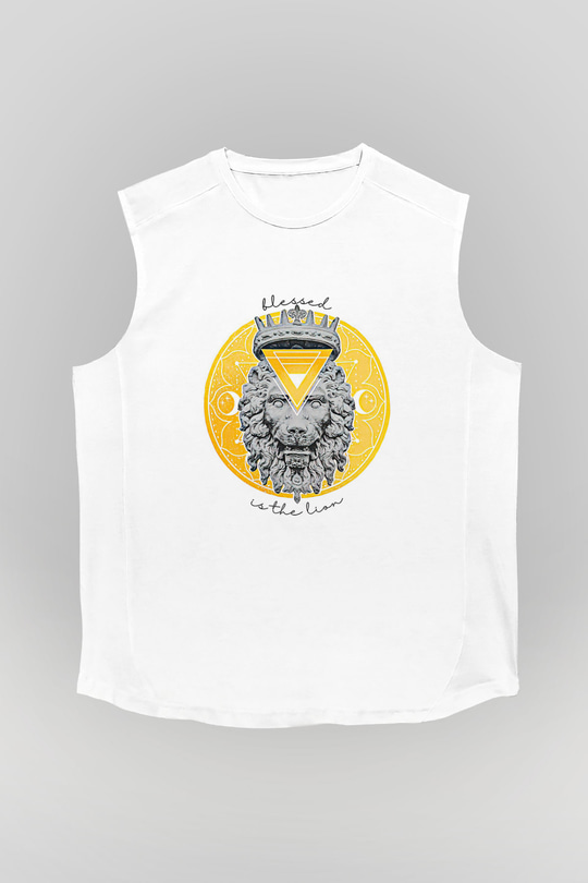 Aslan Burcu Baskılı Beyaz Unisex Kolsuz Tişört - Tshirt