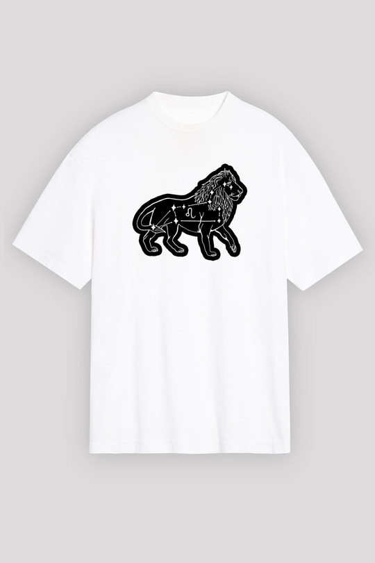 Aslan Burcu Baskılı Beyaz Unisex Oversize Tişört - Tshirt
