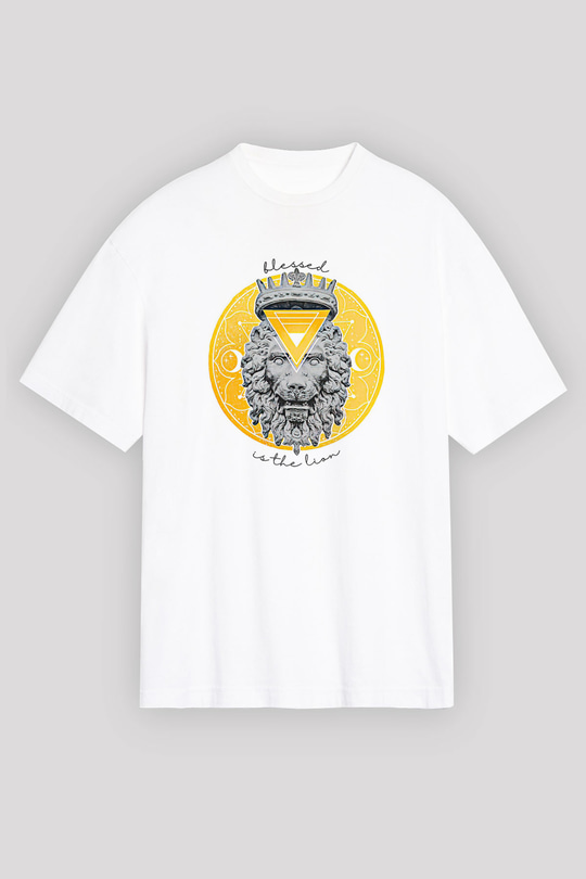 Aslan Burcu Baskılı Beyaz Unisex Oversize Tişört - Tshirt