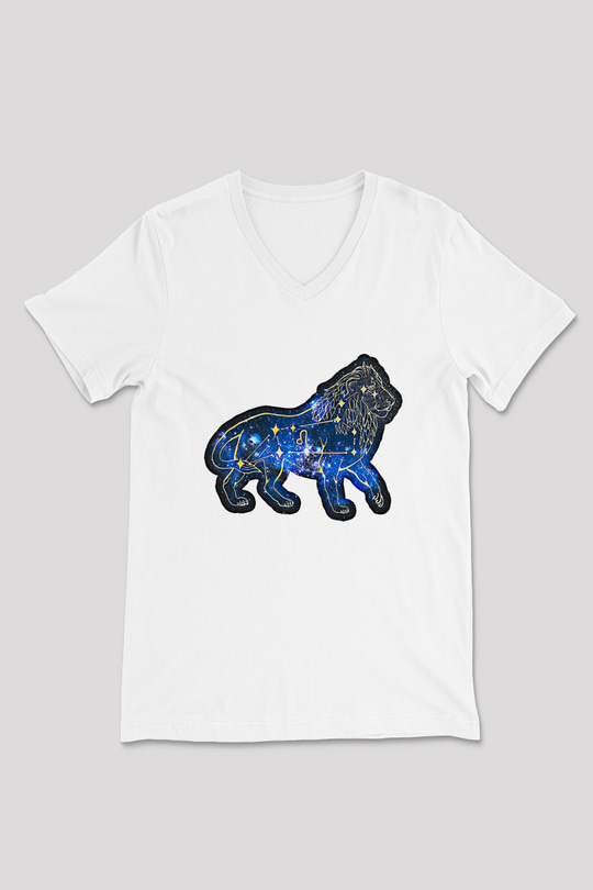 Aslan Burcu Baskılı Beyaz Unisex V Yaka Tişört - Tshirt