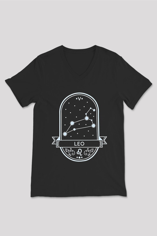 Aslan Burcu Baskılı Unisex Siyah V Yaka Tişört - Tshirt