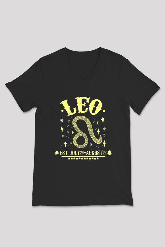 Aslan Burcu Baskılı Unisex Siyah V Yaka Tişört - Tshirt