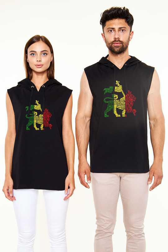 Aslan Siyah Unisex Kapüşonlu Kolsuz Tişört