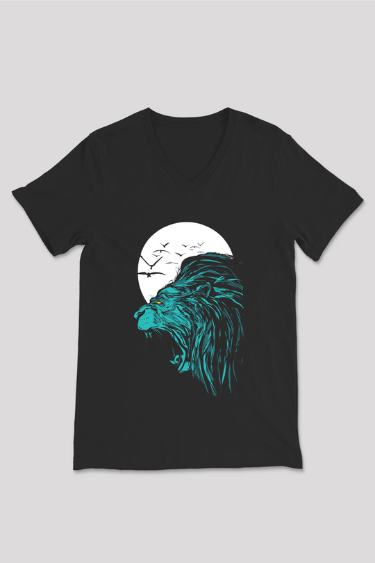 Aslan Siyah Unisex V Yaka Tişört T-Shirt