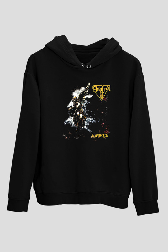 Asphyx Baskılı Unisex Siyah Kapüşonlu Sweatshirt