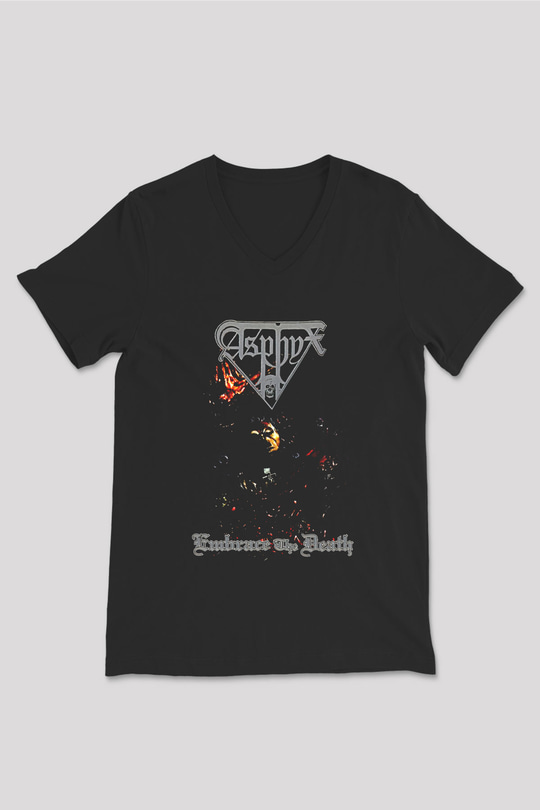 Asphyx Baskılı Unisex Siyah V Yaka Tişört - Tshirt