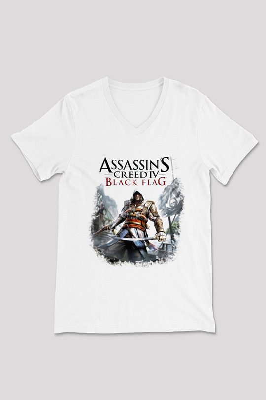 Assassin's Creed Beyaz Unisex V Yaka Tişört T-Shirt