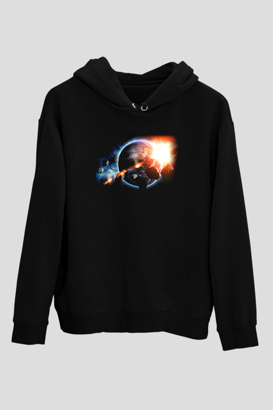 Asteroit Siyah Unisex Kapüşonlu Sweatshirt
