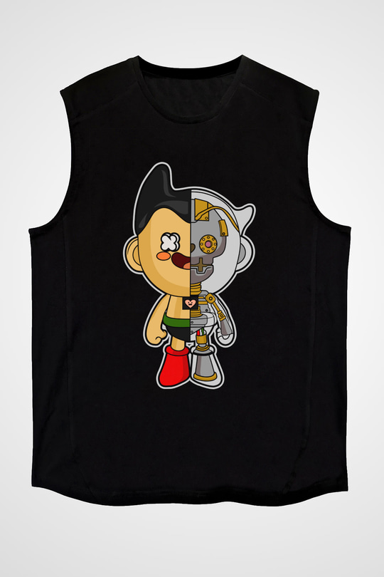 Astroboy Baskılı Unisex Siyah Kolsuz Tişört