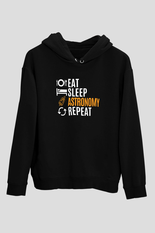 Astronomi Baskılı Unisex Siyah Hoodie