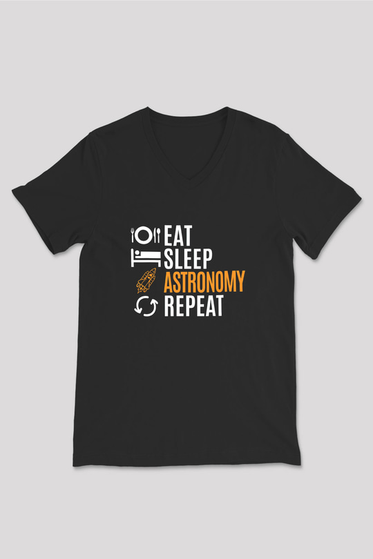 Astronomi Baskılı Unisex V Yaka Siyah Tİşört - Tshirt