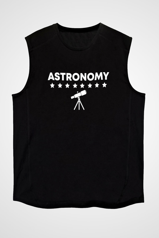 Astronomi Teleskop Baskılı Unisex Kolsuz Siyah Tişört - Tshirt