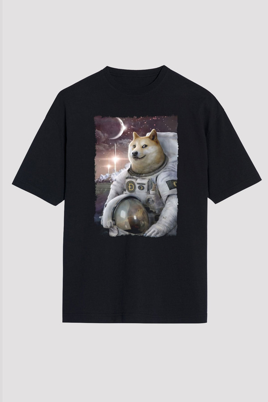 Astronot Husky Baskılı Unisex Siyah Tişört