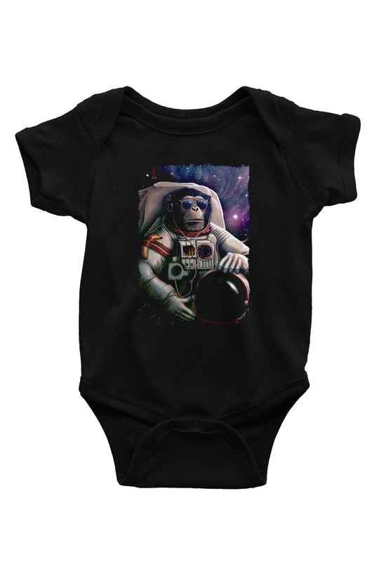 Astronot Maymun BaskılıSiyah  Bebek Body - Zıbın