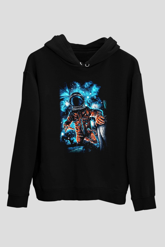 Astronot Siyah Unisex Kapşonlu Sweatshirt