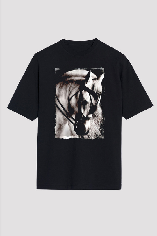 At Baskılı Unisex Siyah Tişört