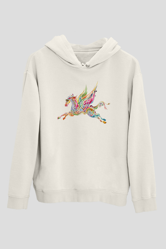 At Beyaz Unisex Kapşonlu Sweatshirt