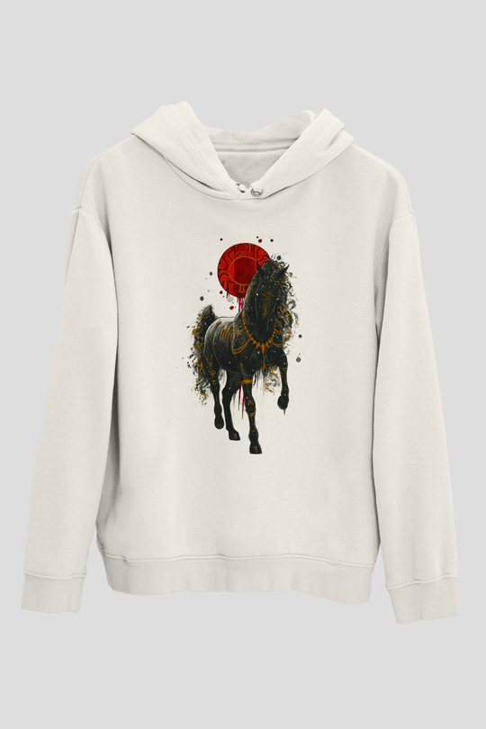 At Beyaz Unisex Kapüşonlu Sweatshirt