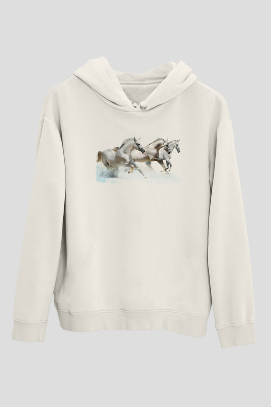 At Beyaz Unisex Kapüşonlu Sweatshirt